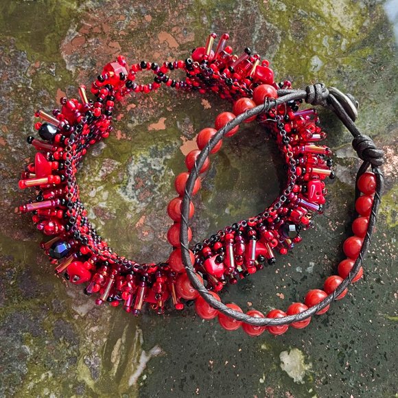 Two Red Beaded Bracelets, Each Very Different But Great Together! - Picture 3 of 11